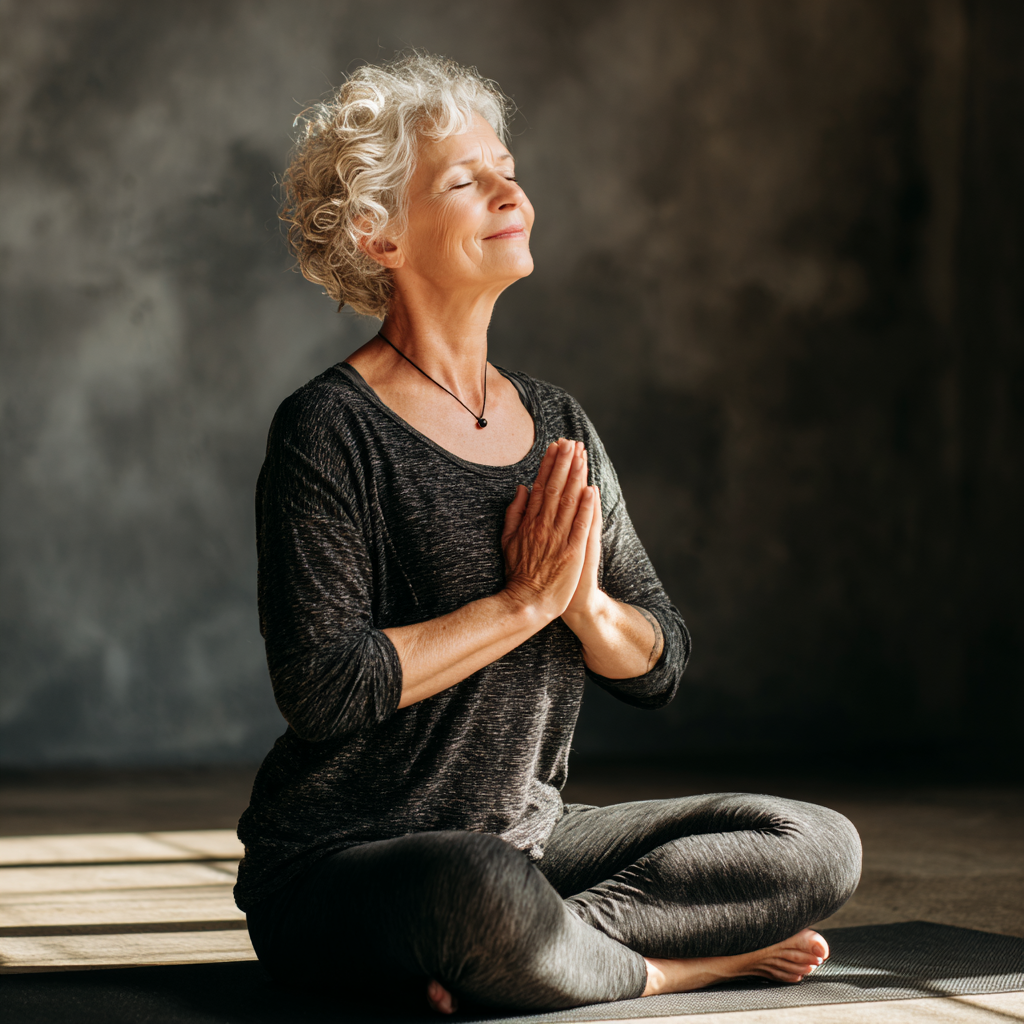 Mature woman practicing gentle yoga poses in peaceful studio environment